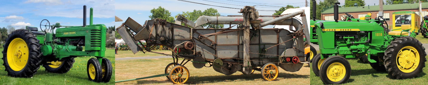 John Deere Model “G” tractors, John Deere 10 Series tractors and John Deere harvesting equipment.